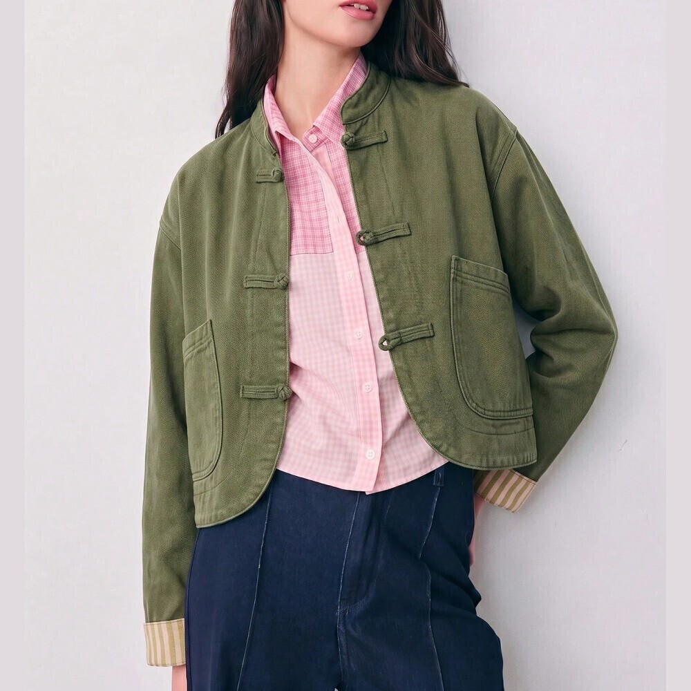 Olive Green Round Denim Jacket with Frog Button Closures - Picture 4 of 7